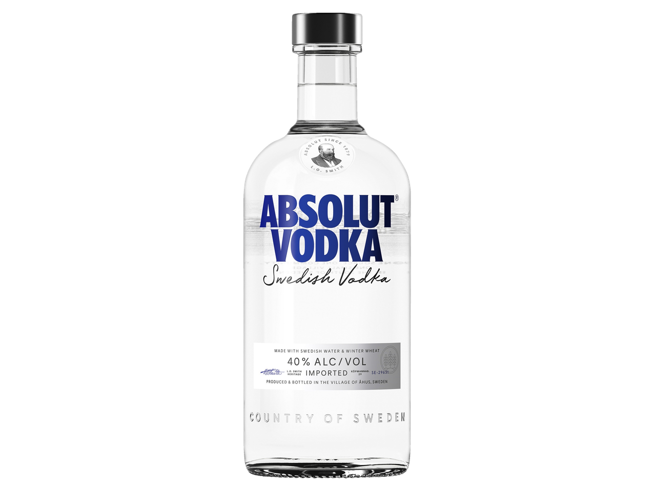 Absolut Vodka bottle, 40% ALC/VOL, Swedish Vodka, produced in Åhus, Sweden.
