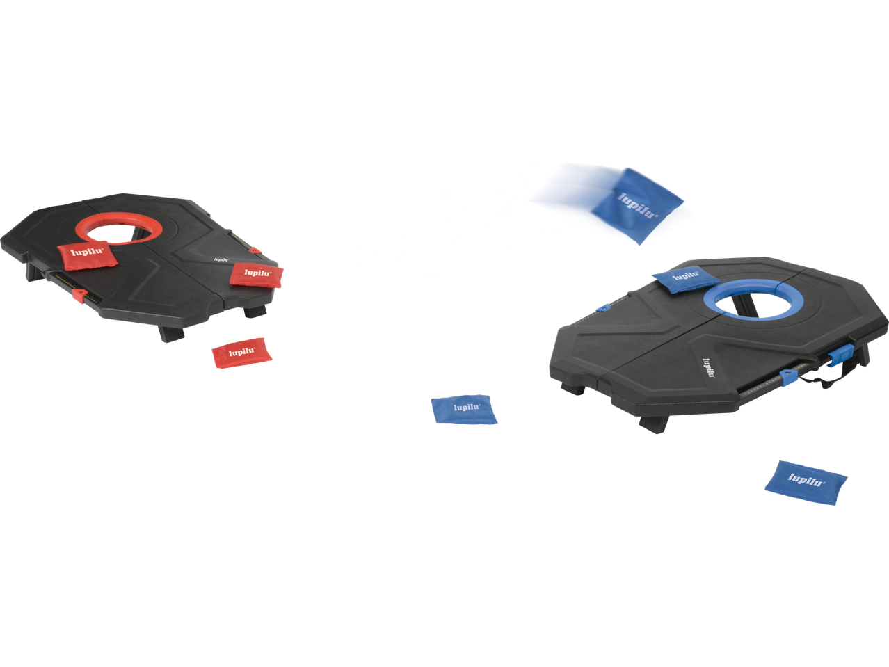 LUPILU cornhole mängukomplekt mustade laudade ning punaste ja siniste liivakottidega.