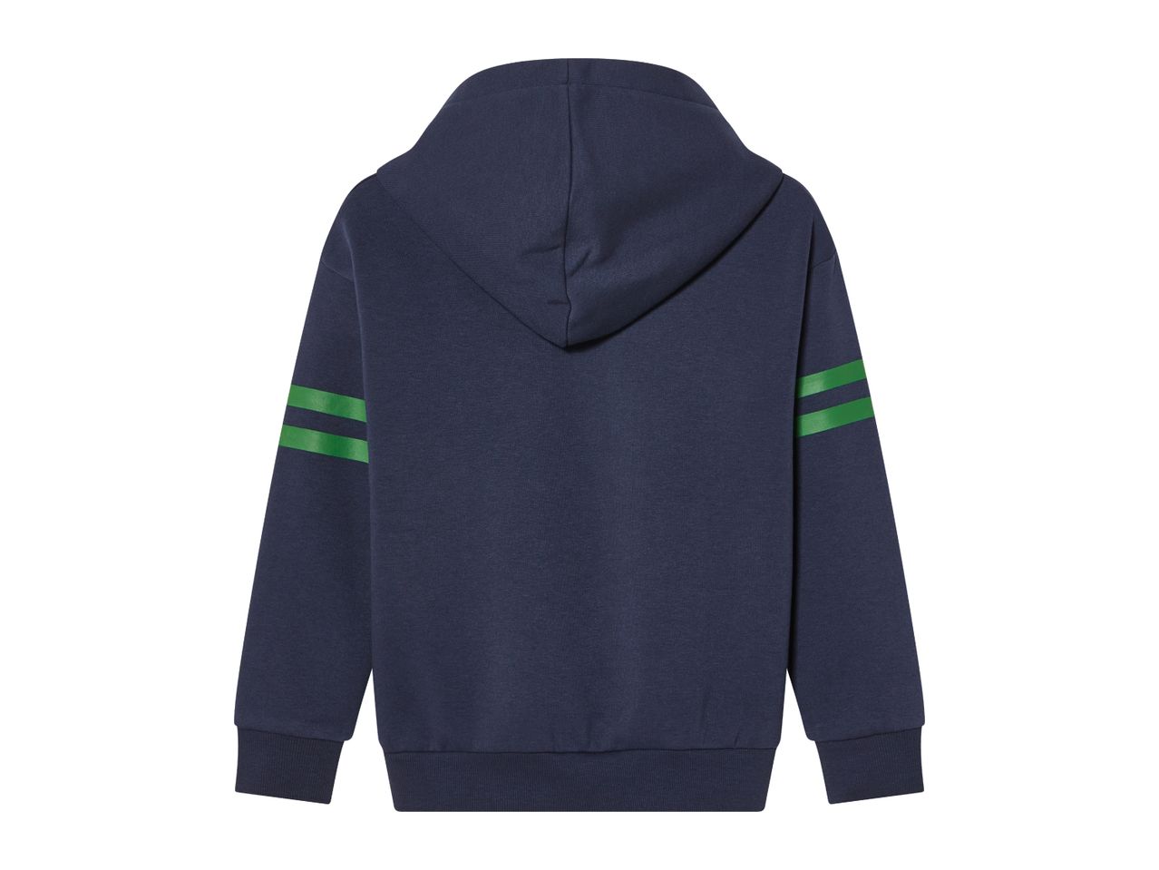 Navy blue hoodie with green stripes on the sleeves.