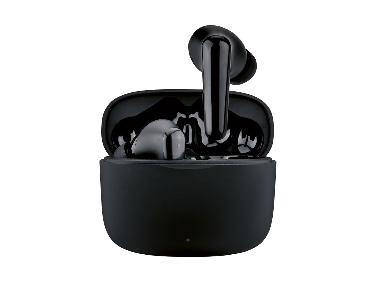 Black wireless earbuds in an open charging case, with one earbud partially removed.