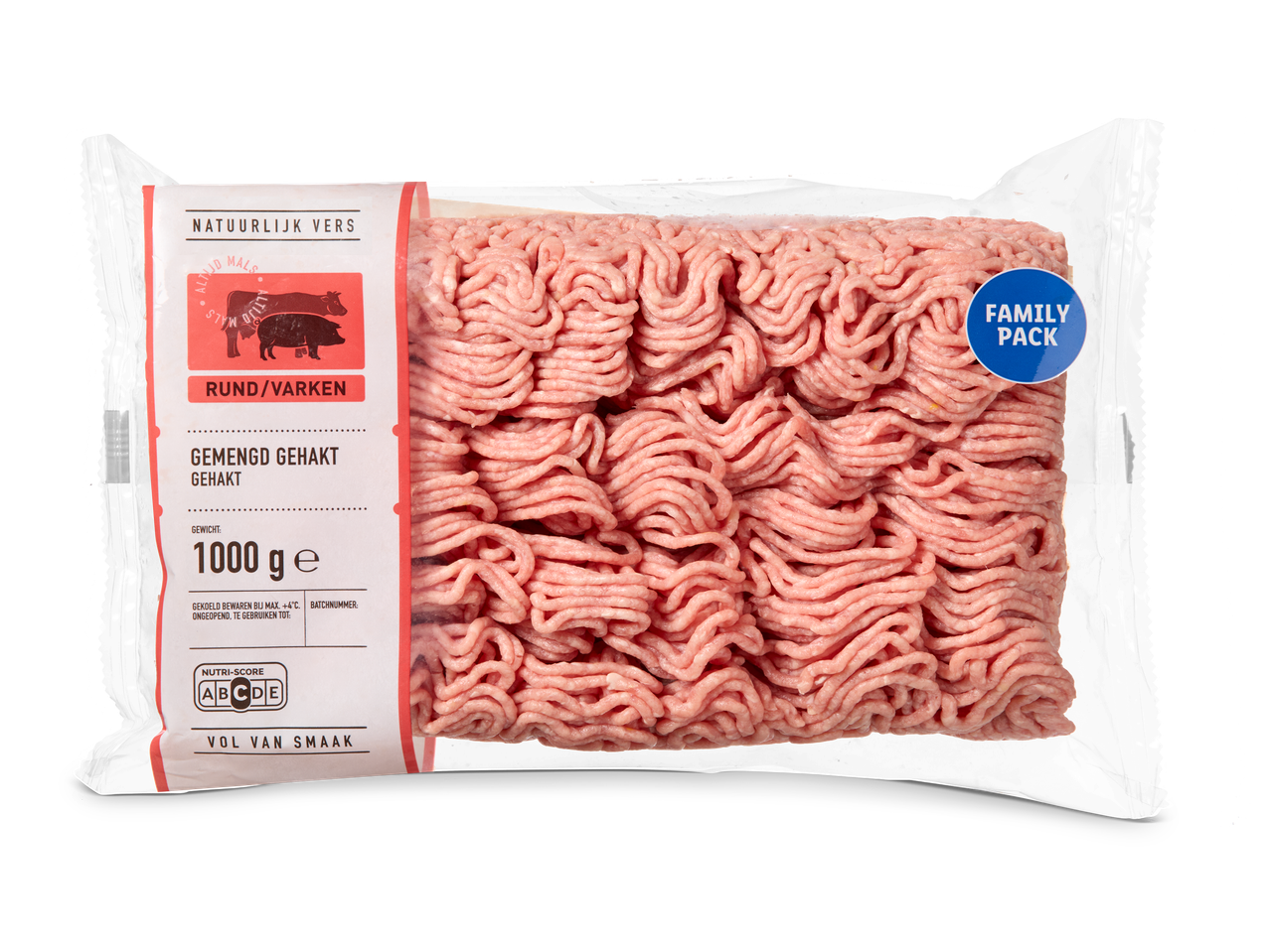 Verpakking van 1000g gemengd gehakt (rund/varken) met Nutri-Score B en 'Family Pack' label.