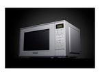 A sleek, silver Sharp microwave oven.