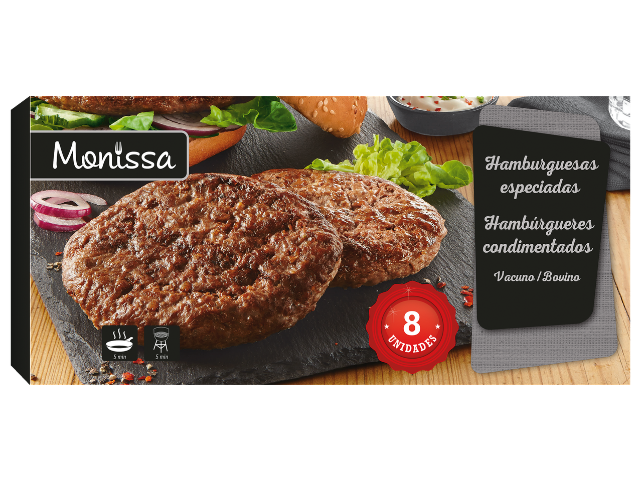 8 hambúrgueres Monissa de carne bovina temperada.