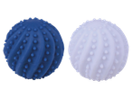 Duas bolas de lavagem, uma azul e uma branca, com protuberâncias para limpeza.