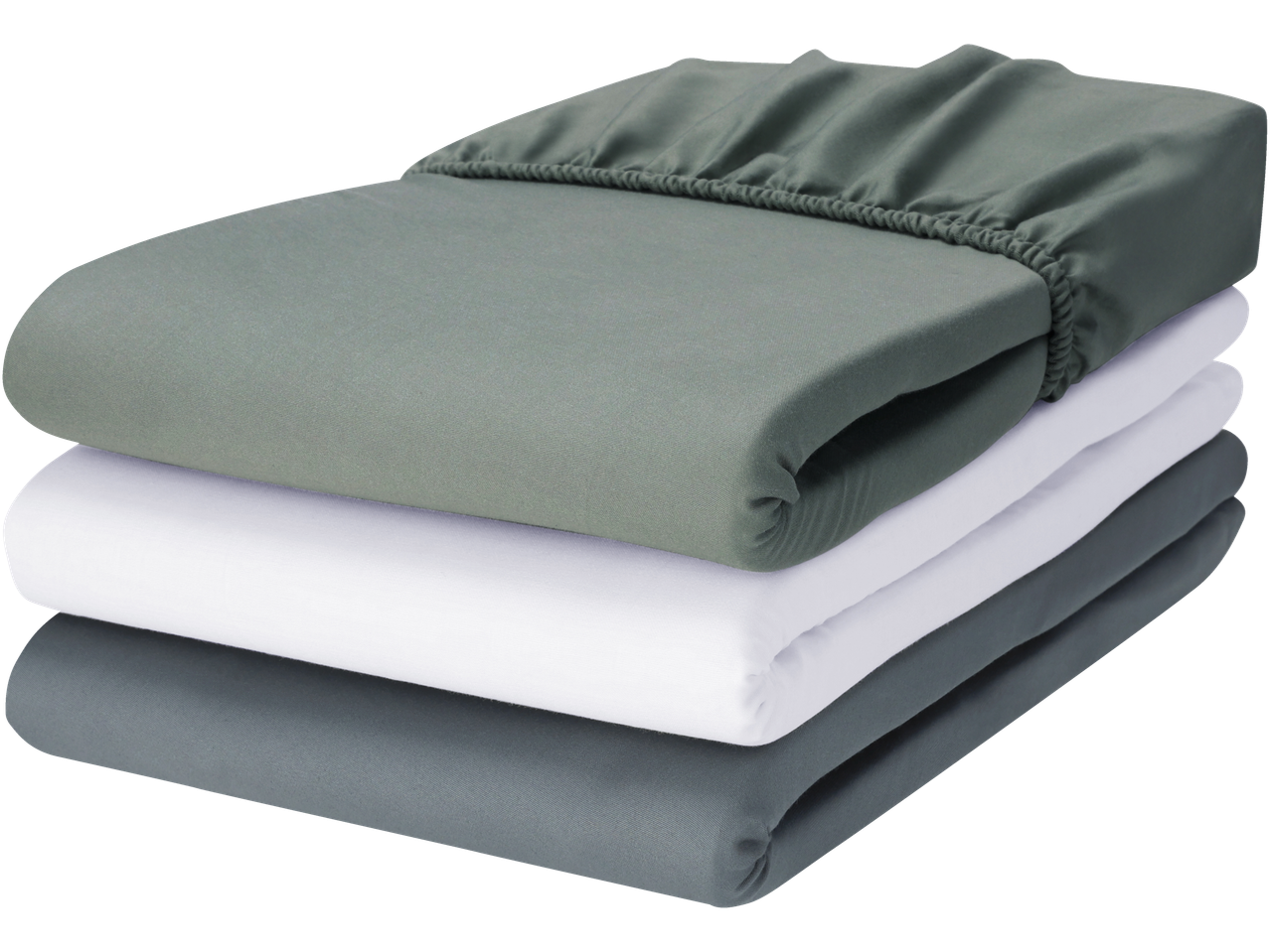 Medvilninių paklodžių krūva žalios, baltos ir pilkos spalvos