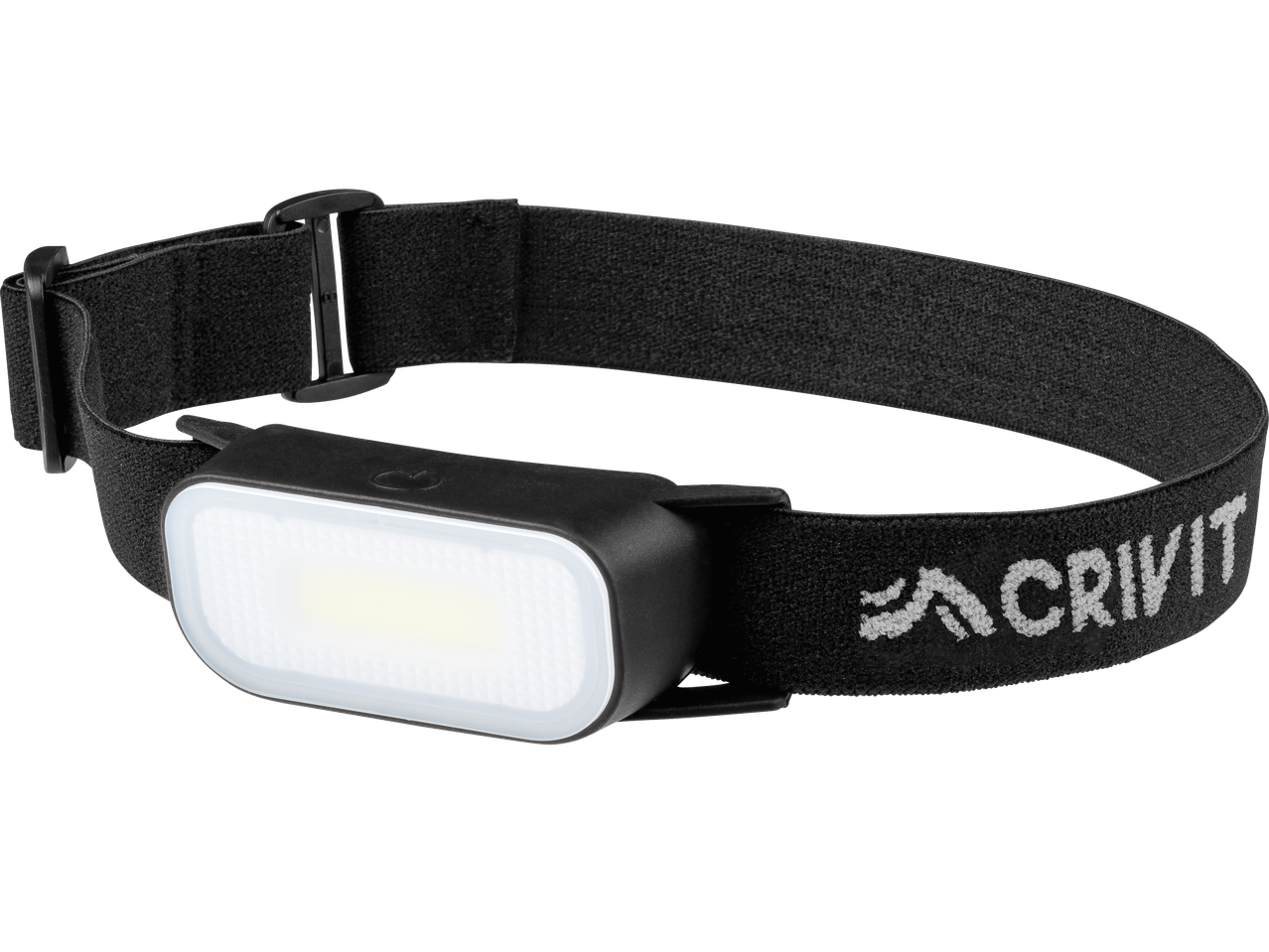 Lampe frontale CRIVIT noire avec lumière rectangulaire blanche et sangle réglable.