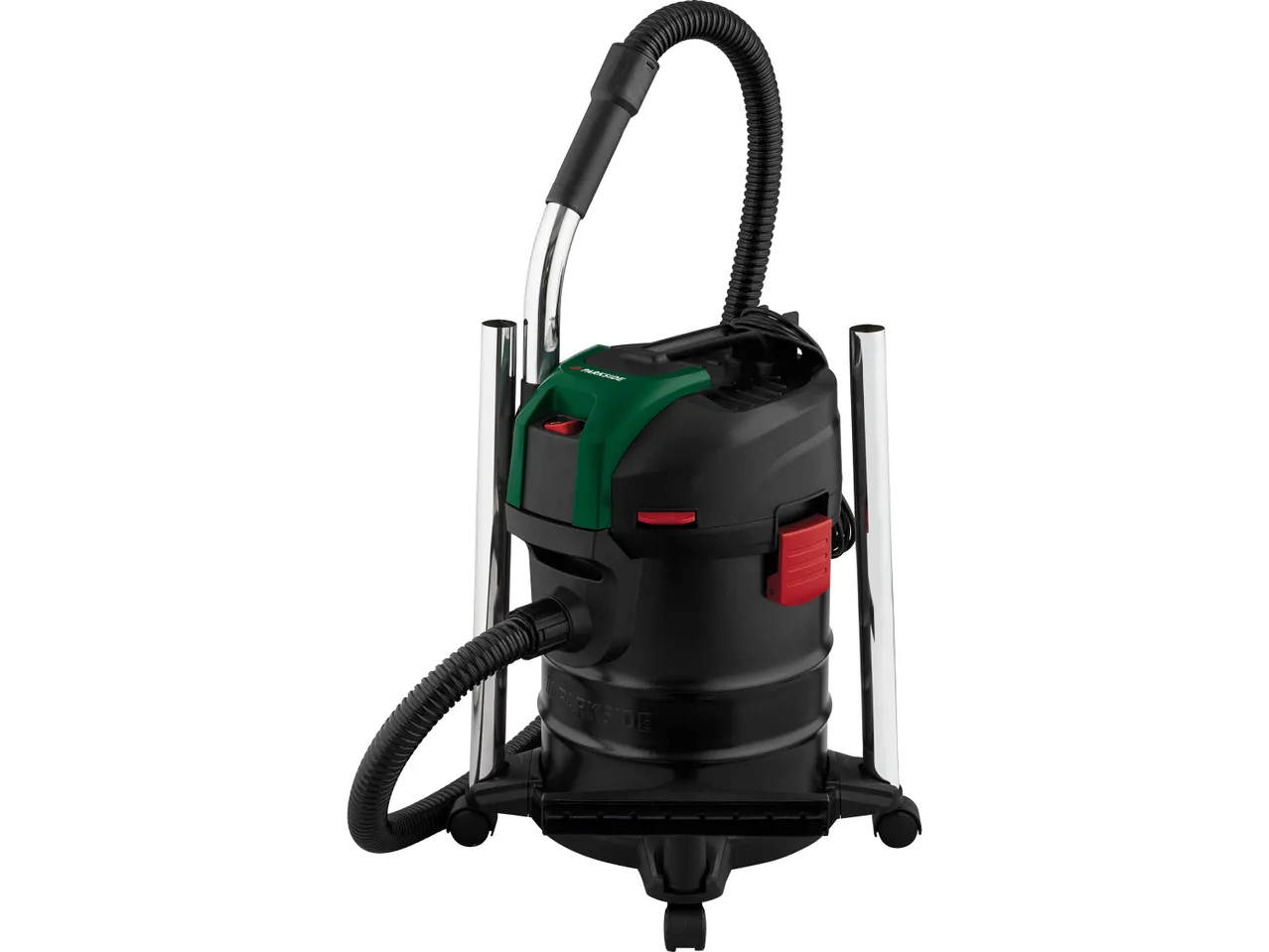 Aspirapolvere a bidone nero e verde con tubo flessibile e ruote