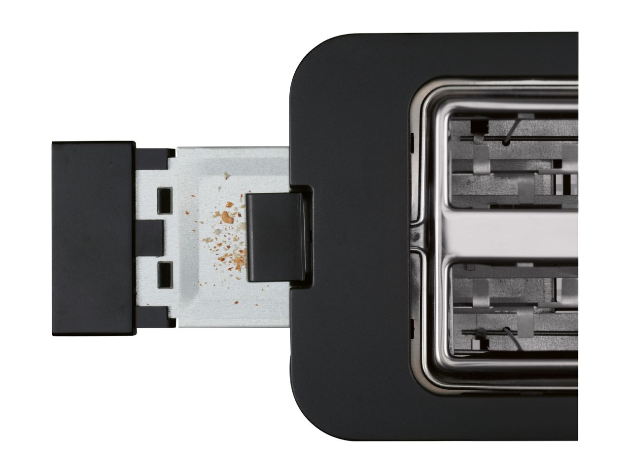 Close-up of a small, black toaster with a visible heating element.