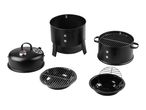 Disassembled black smoker grill with various components including lid, body, and grates.