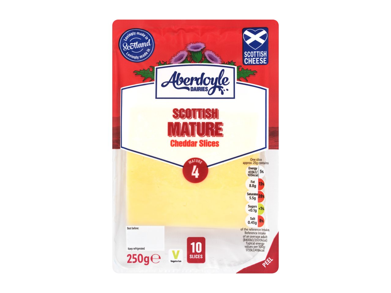 Scottish Mature Cheddar Slices, 250g, 10 slices, with nutritional information.