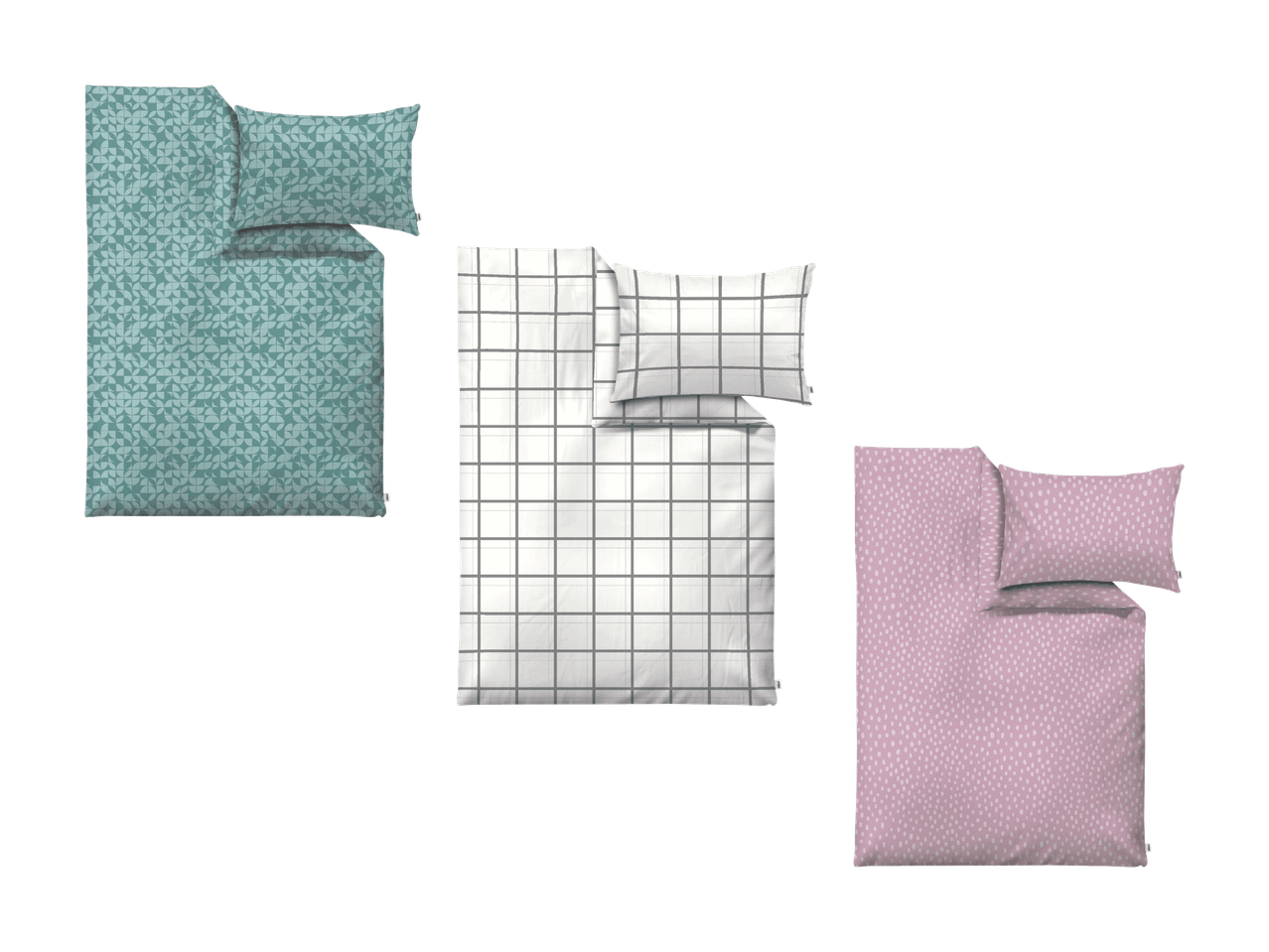 Drei Bettwäsche-Sets: Petrol mit geometrischem Muster, Weiß mit grauem Karomuster und Rosa mit weißen Punkten.