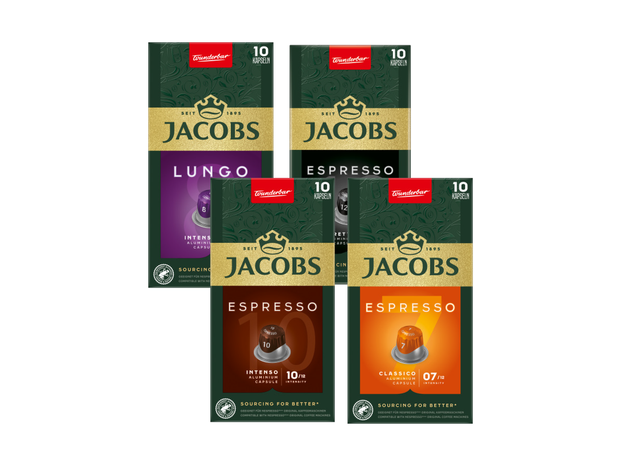 Pakovanja kapsula kafe za espreso i lungo, sa oznakama intenziteta i brojem kapsula.