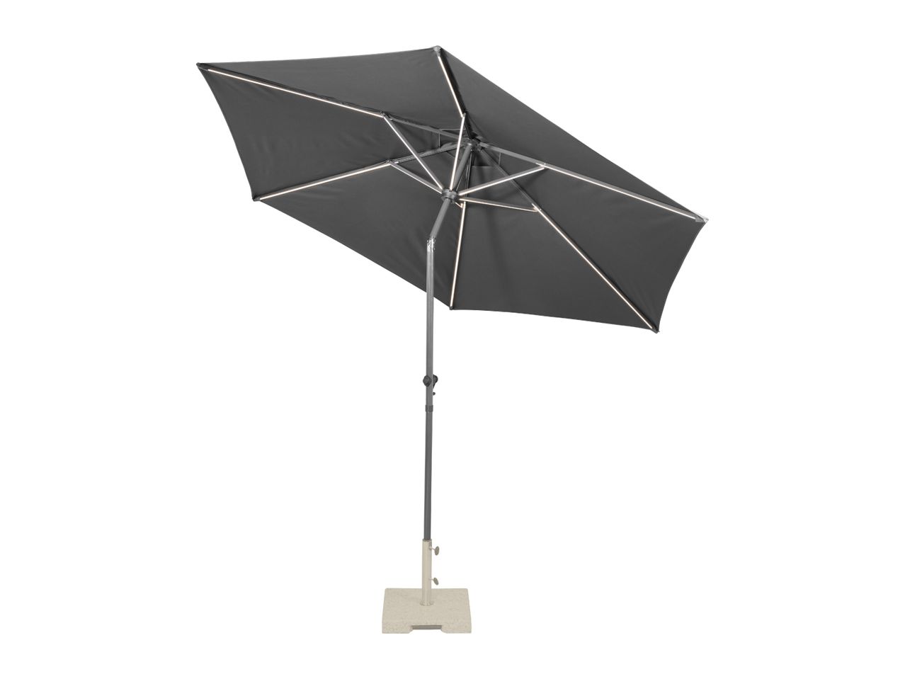 Dark grey patio umbrella with LED lights and a square base