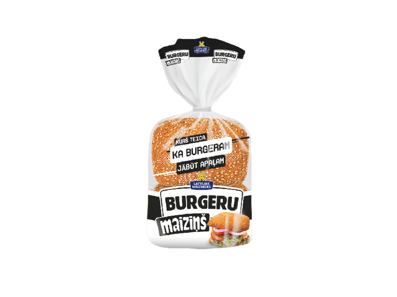 Burgeru maizīšu iepakojums ar uzrakstu 'Kurš teica, ka burgeram jābūt apaļam?'