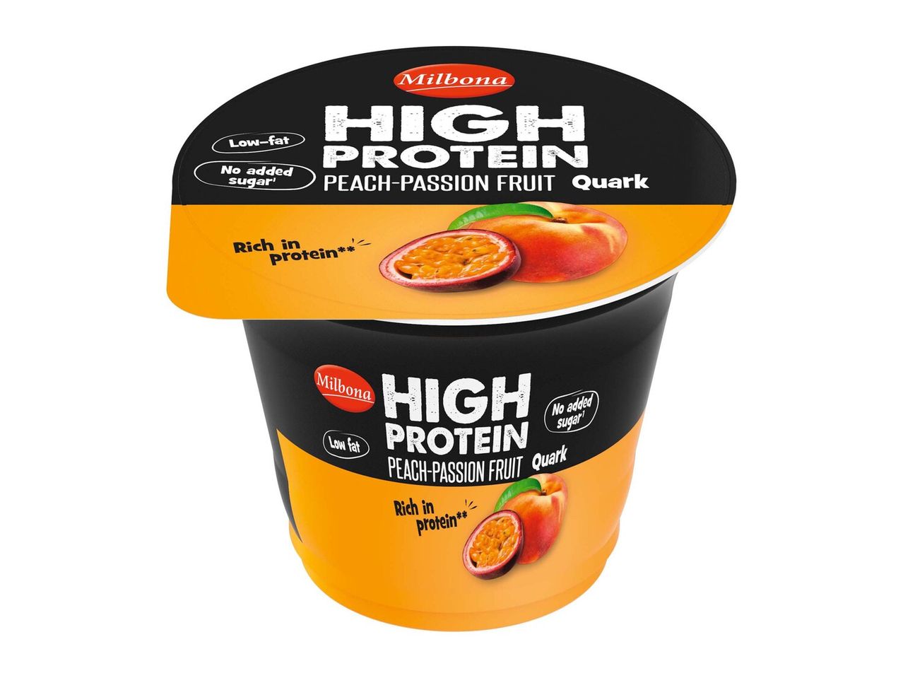 Milbona High Protein joghurt barack-passiógyümölcs ízzel, alacsony zsírtartalmú és cukor nélkül.