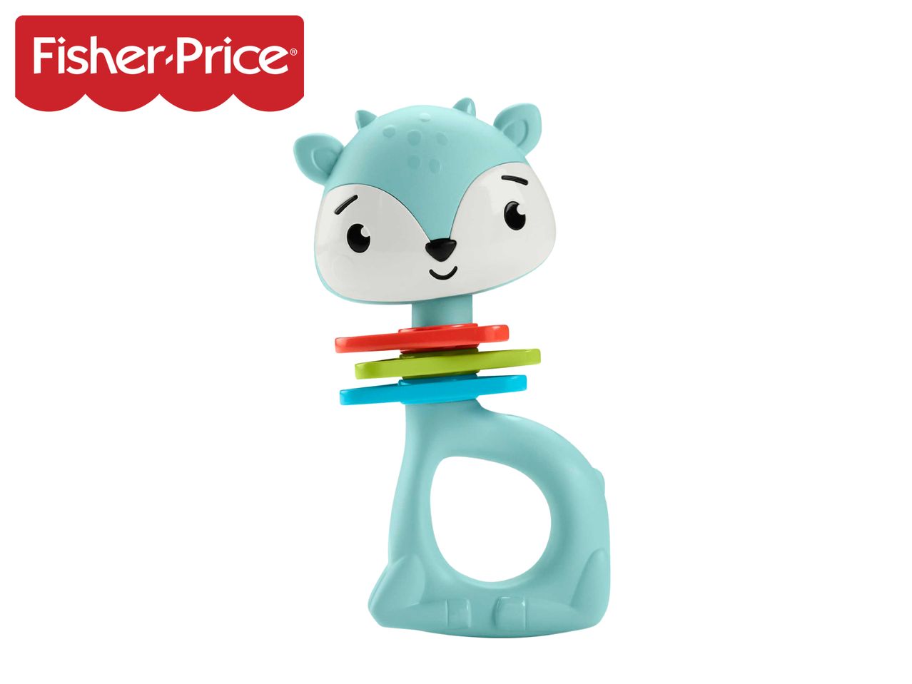 A light blue deer-shaped baby rattle with colorful rings on its neck.