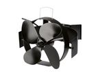 Black 4-blade stove fan with a metal handle on a white background