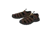 Pair of men's brown and black outdoor sandals with yellow accents.