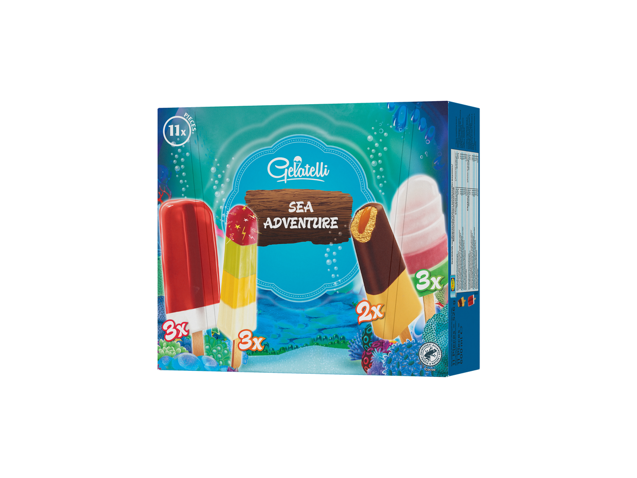 Gelatelli Sea Adventure ijsjesdoos met 11 stuks, met diverse ijslolly's.