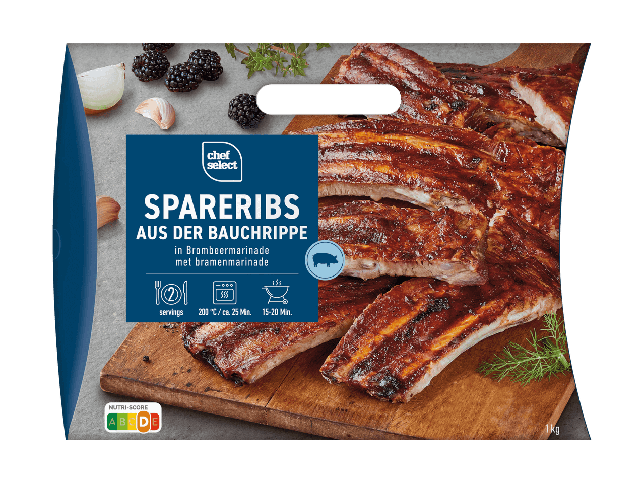 Gefrorene Spare Ribs von der Marke 'Iglo' auf einer Holzplatte.