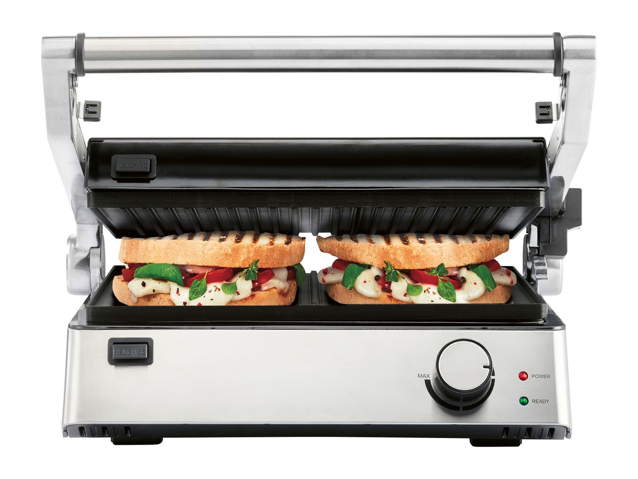 A stainless steel panini press cooks two sandwiches.