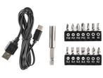 Комплект битове за отвертка с USB кабел и магнитен държач, включващ PH, H, SL и PZ размери.