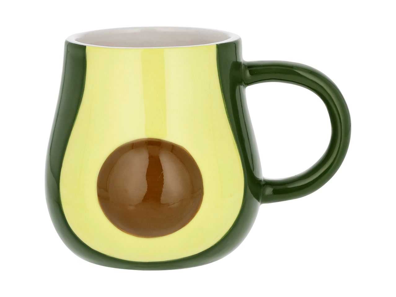 Avocado-formet krus med grøn skal, lysegrønt frugtkød og brun kerne