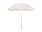 Striped beach umbrella with wooden handle.