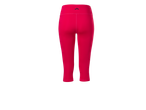 Pogled otpozadi na jarko roze kapri helanke sa crnim logom na pojasu.