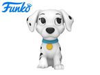 A white puppy figurine with black spots, a blue collar, and a yellow tag.