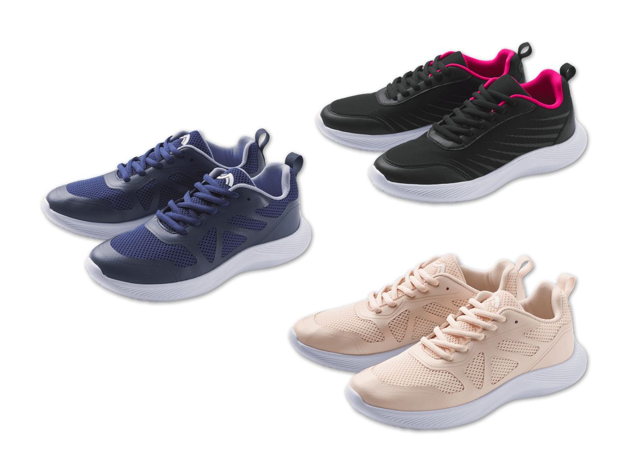 Drei Paar Sportschuhe in Blau, Schwarz und Beige auf schwarzem Hintergrund.