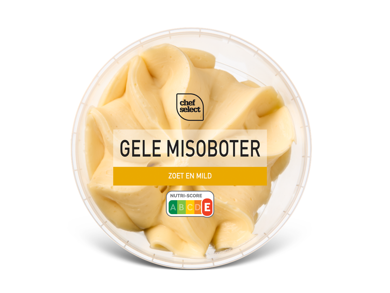 Een open bakje met gele misoboter, met de tekst 'GELE MISOBOTER' en 'ZOET EN MILD'.
