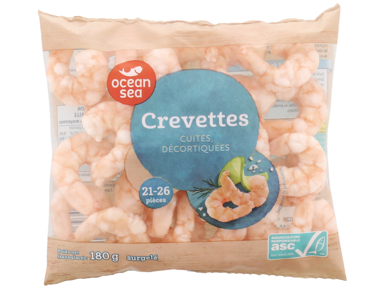 Sachet de crevettes cuites et décortiquées, 21-26 pièces, 180g surgelées.