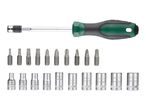 Screwdriver set with various bits and sockets, including flathead, Phillips, and Pozidriv.