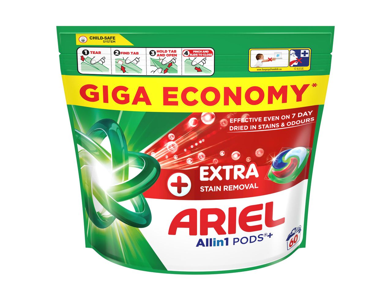 Ariel Allin1 Pods+ Giga Economy mosószer kapszula, extra folttisztítással, 60 darabos kiszerelésben.