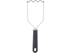 A black-handled stainless steel potato masher.