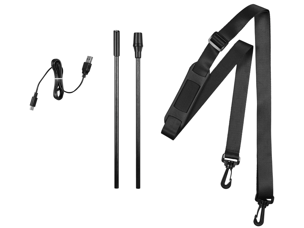 Parkside® 4V Cordless Pressure Sprayer accessories: USB cable, two spray wands, and shoulder strap.
