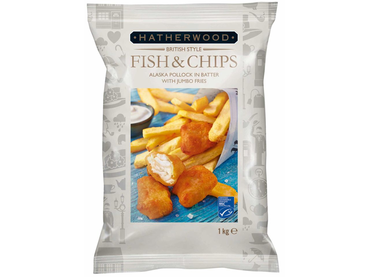 Hatherwood British Style Fish & Chips, alaszkai tőkehal bundában és sült krumpli.