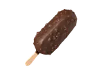 Gelado de chocolate com nozes num pau de madeira.