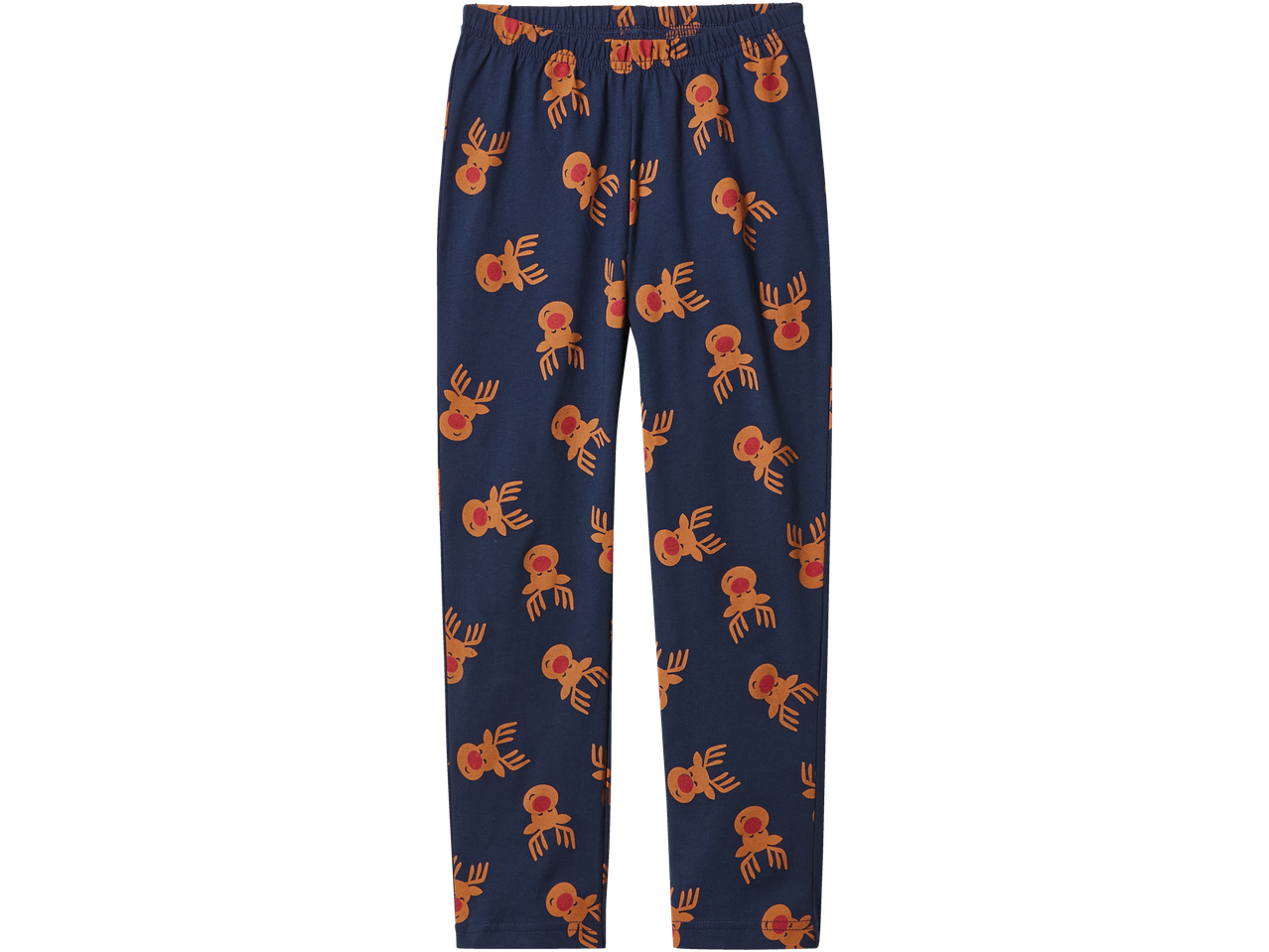 Lupilu/Esmara Kids jõulupüksi püksid tumesinises värvitoonis korduvate põhjapõdramotiividega.