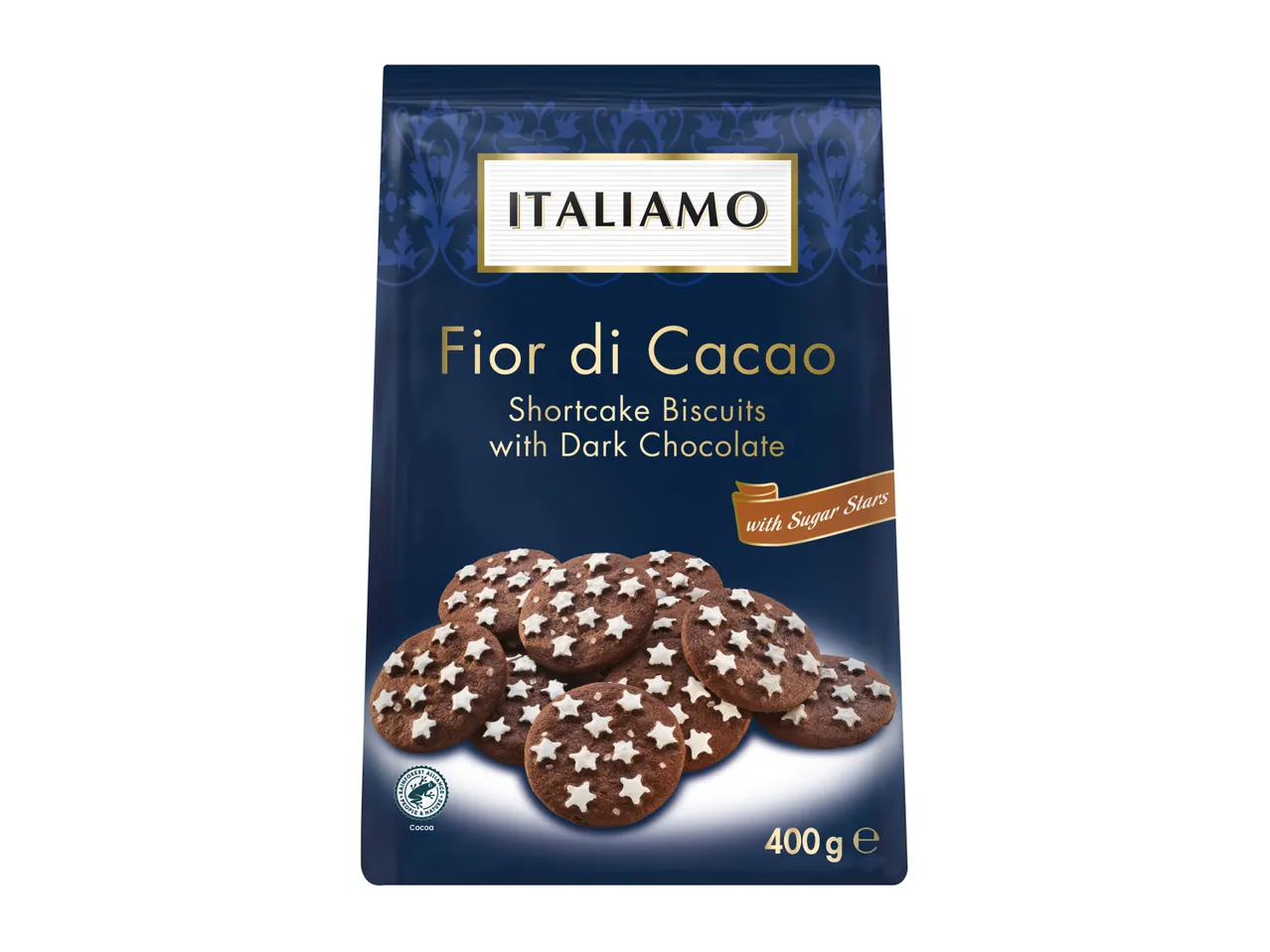A bag of Italian Fior di Cacao shortcake biscuits with dark chocolate and sugar stars.