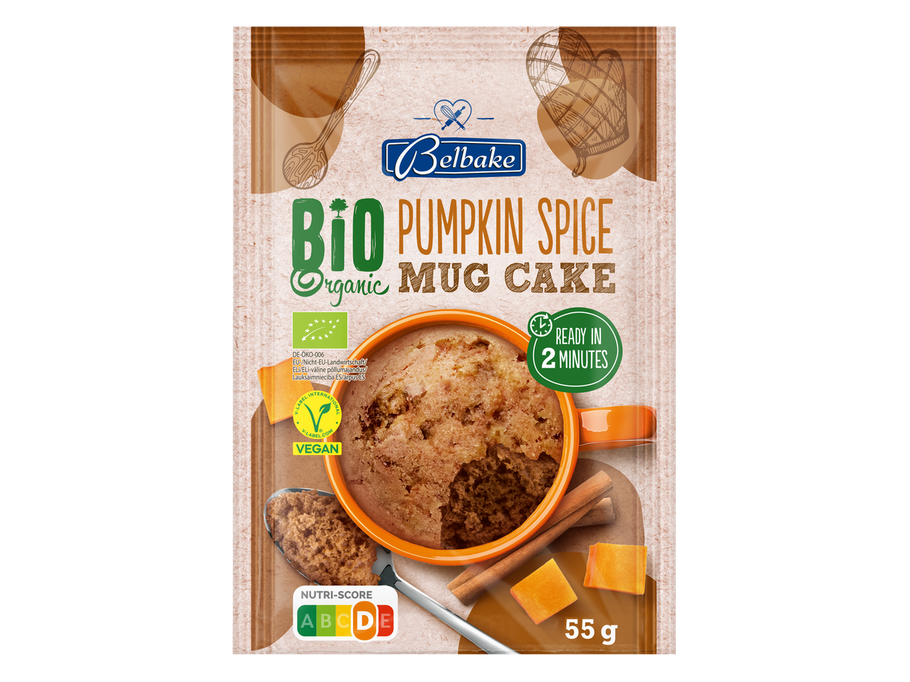 Belbake bioloģiskā ķirbju garšvielu krūzes kūka, vegāniska, gatava 2 minūtēs, 55g