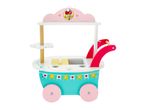 Wooden toy ice cream cart in pink and blue with an ice cream cone graphic.