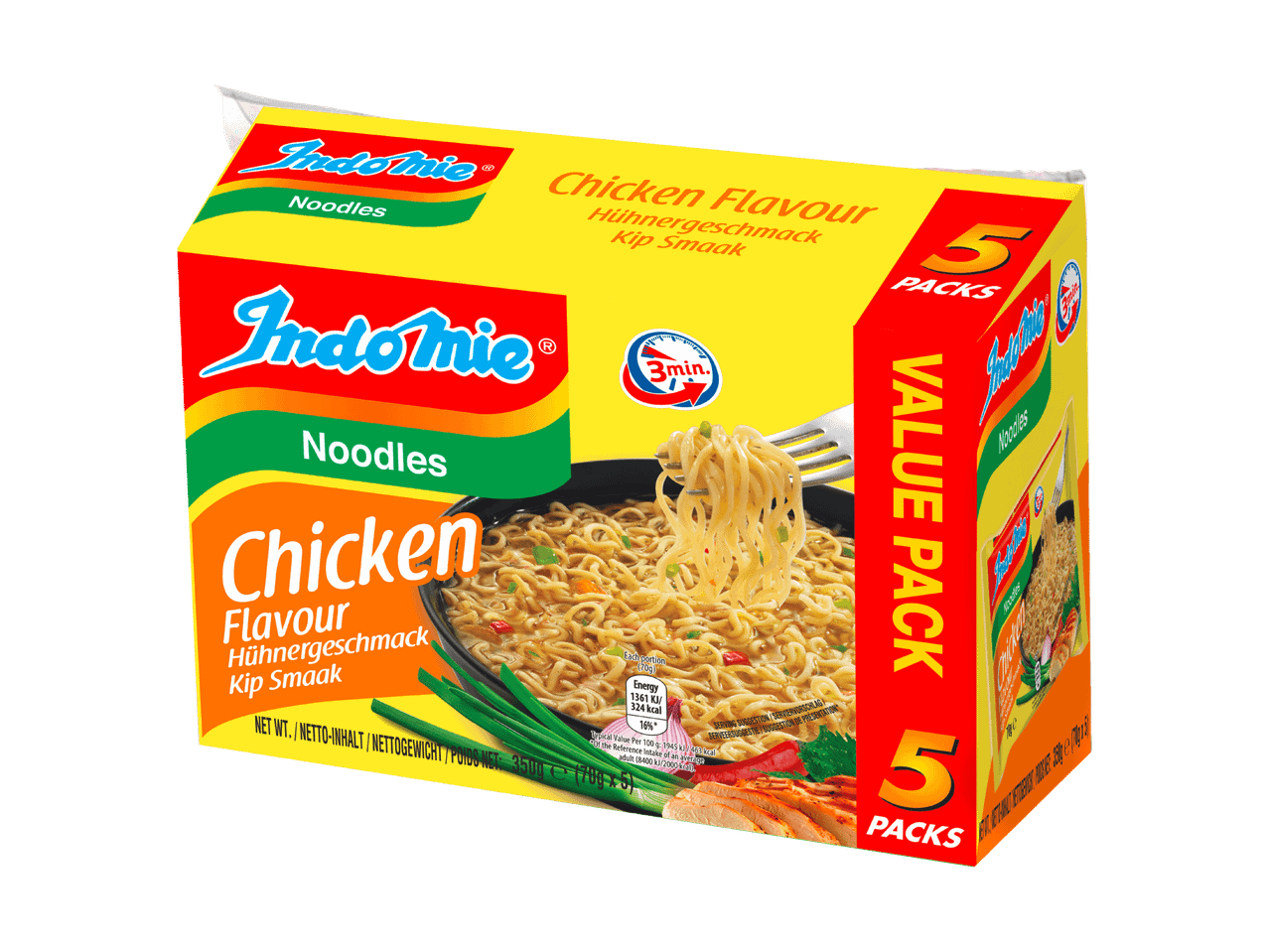 Confezione multipla di noodles istantanei Indomie al gusto di pollo.
