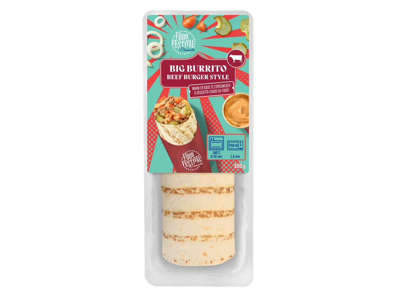 Food Festival Big Burrito Beef Burger Style, warm en koud te consumeren, 300g.