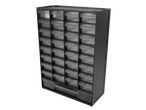 Organiseur de rangement noir avec 33 tiroirs transparents pour petites pièces.
