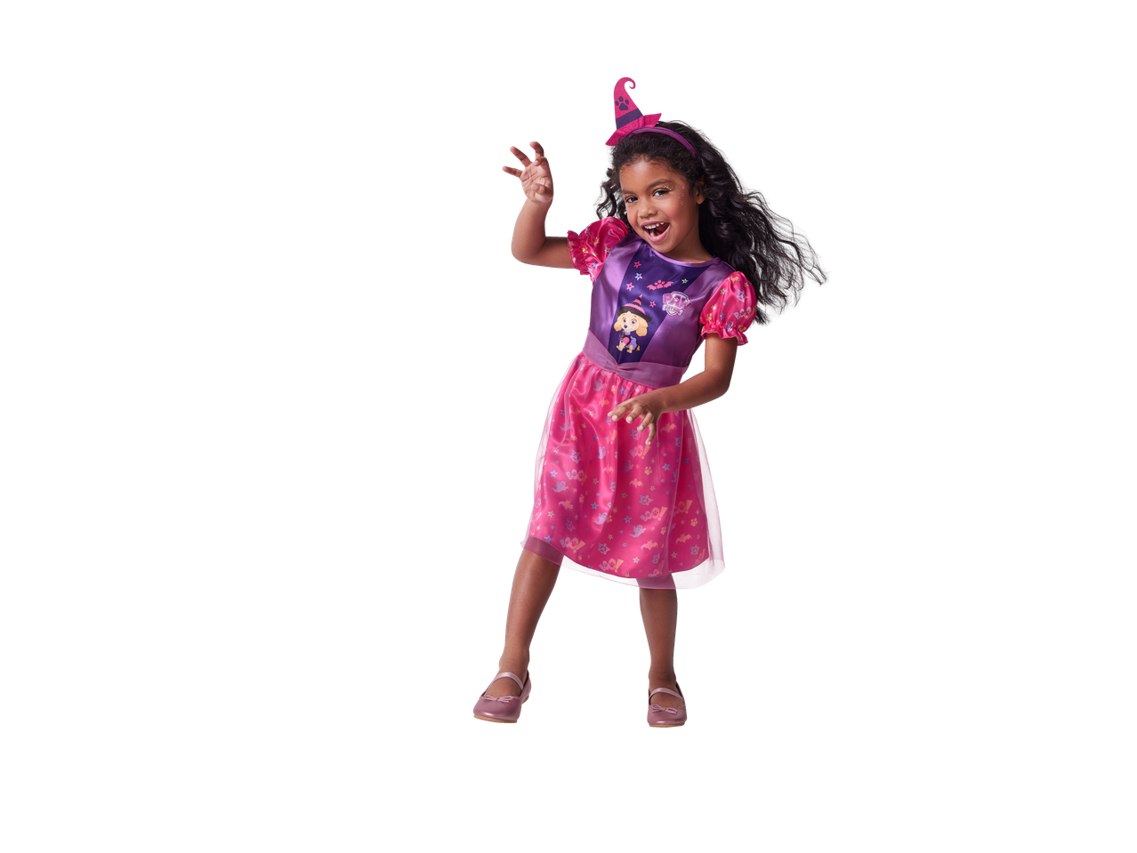 Young girl in a Paw Patrol Skye witch costume with a pink hat and dress.
