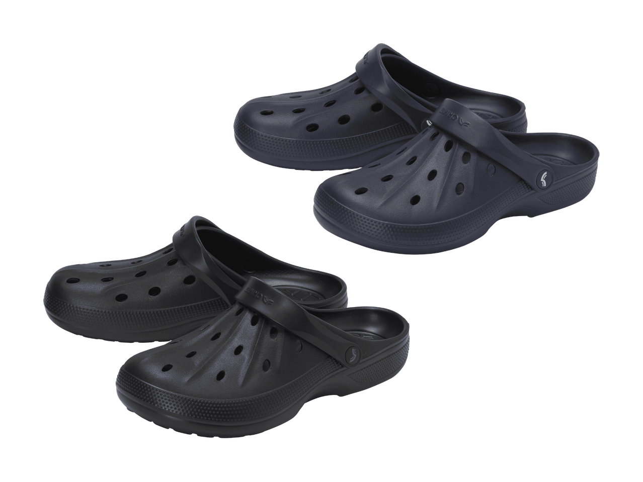 Zwei Paar dunkelblaue Clogs mit Belüftungslöchern und verstellbaren Fersenriemen.