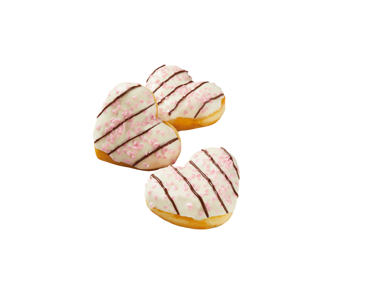 Donuts em forma de coração, cobertura branca, chocolate e granulado rosa.