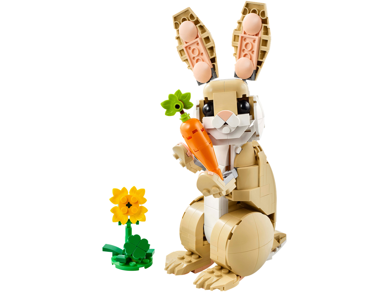A Lego rabbit holding a carrot, with a yellow flower and green clover on the side.